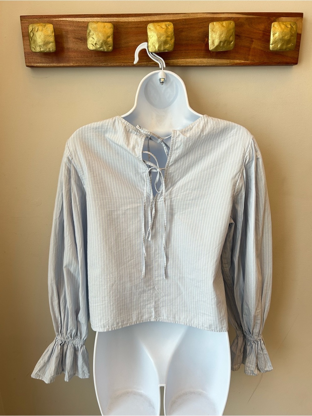 🟢 5 for $25 🟢 Cottagecore Pinstripe Ruffle Cuff Cotton Peasant Blouse Top